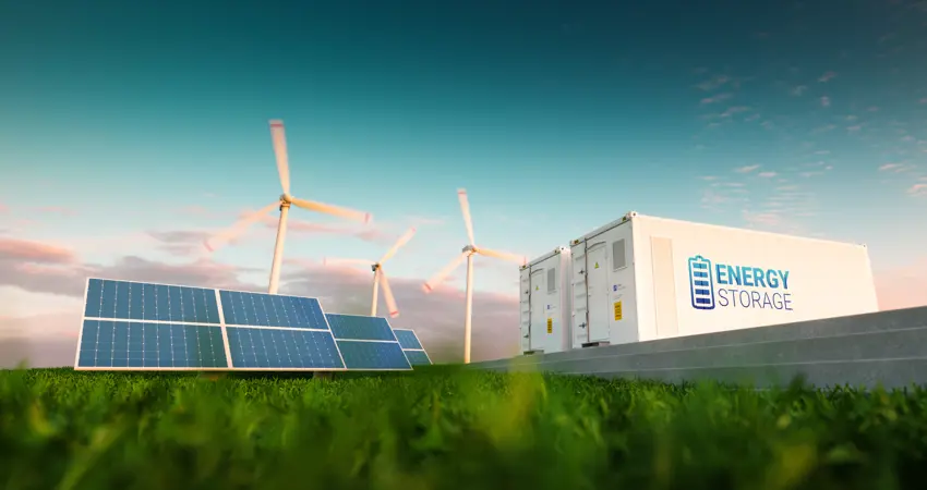 Concept of energy storage system. Renewable energy - photovoltaics, wind turbines and Li-ion battery container in morning fresh nature. 3d rendering.