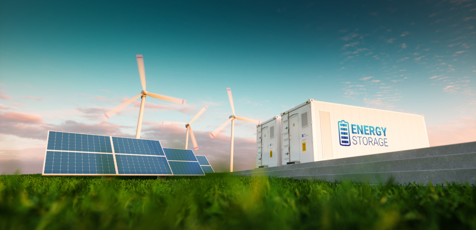 Concept of energy storage system. Renewable energy - photovoltaics, wind turbines and Li-ion battery container in morning fresh nature. 3d rendering.