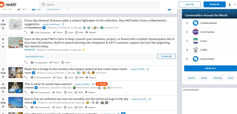 Screenshot of homepage of Reddit