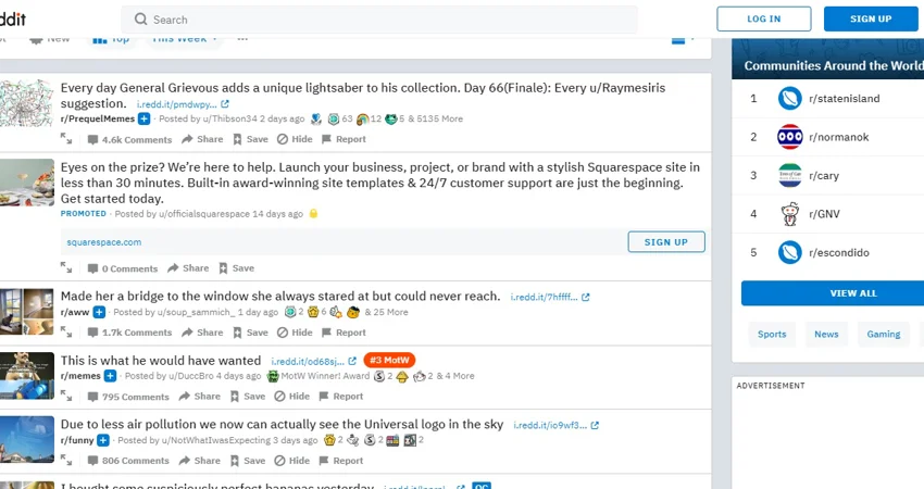 Screenshot of homepage of Reddit